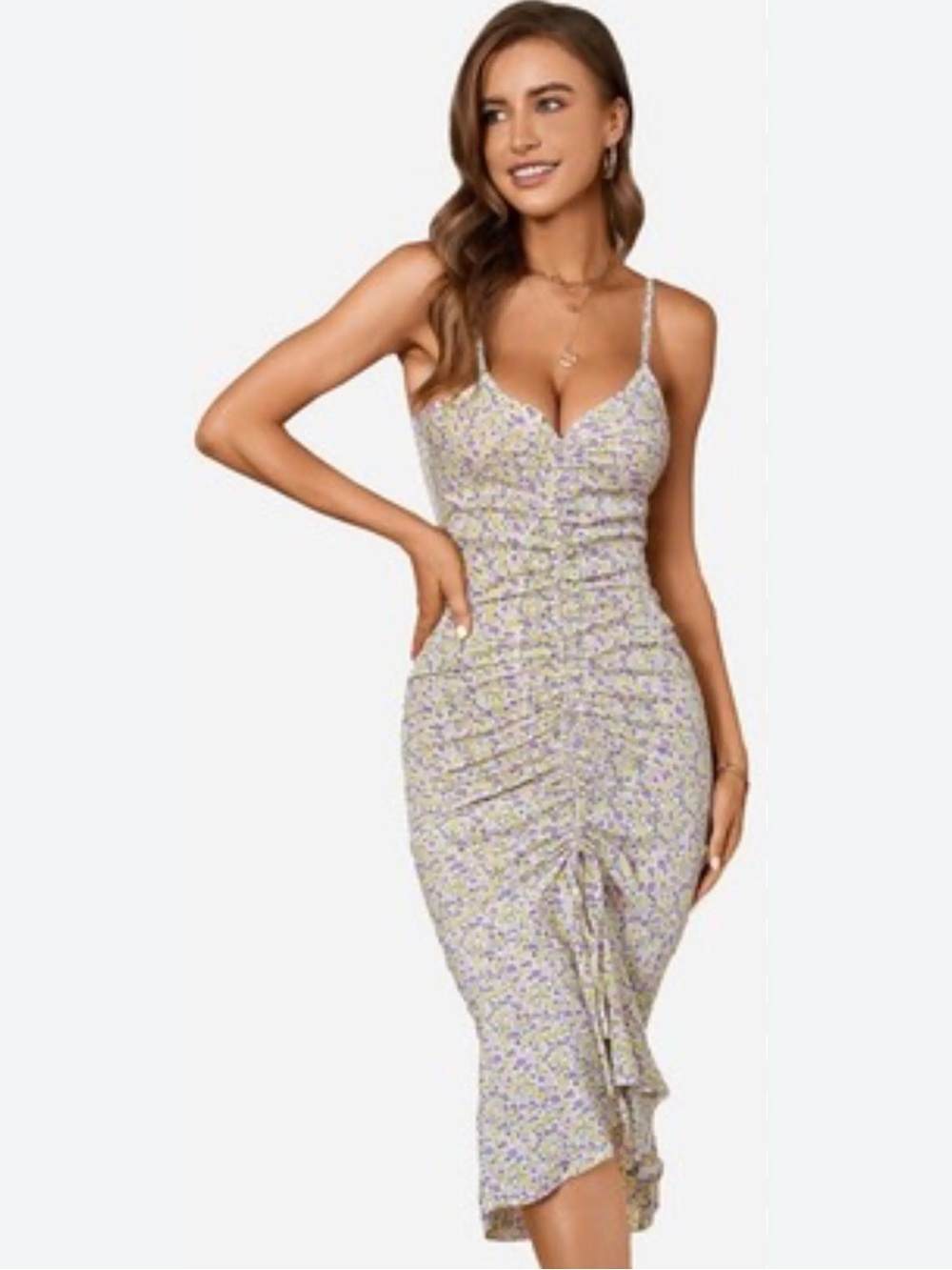 Cupshe Lavender Floral Ruched Midi Dress - White & Purple